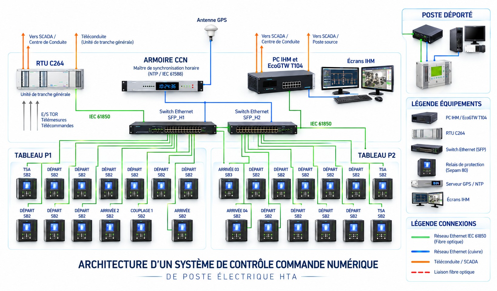 Architecture d'un système de contrôle-commande numérique de poste HTA : RTU C264, maître de synchronisation, deux switchs Ethernet, PC IHM et passerelle T104, relais de protection des tableaux P1 et P2 reliés en IEC 61850