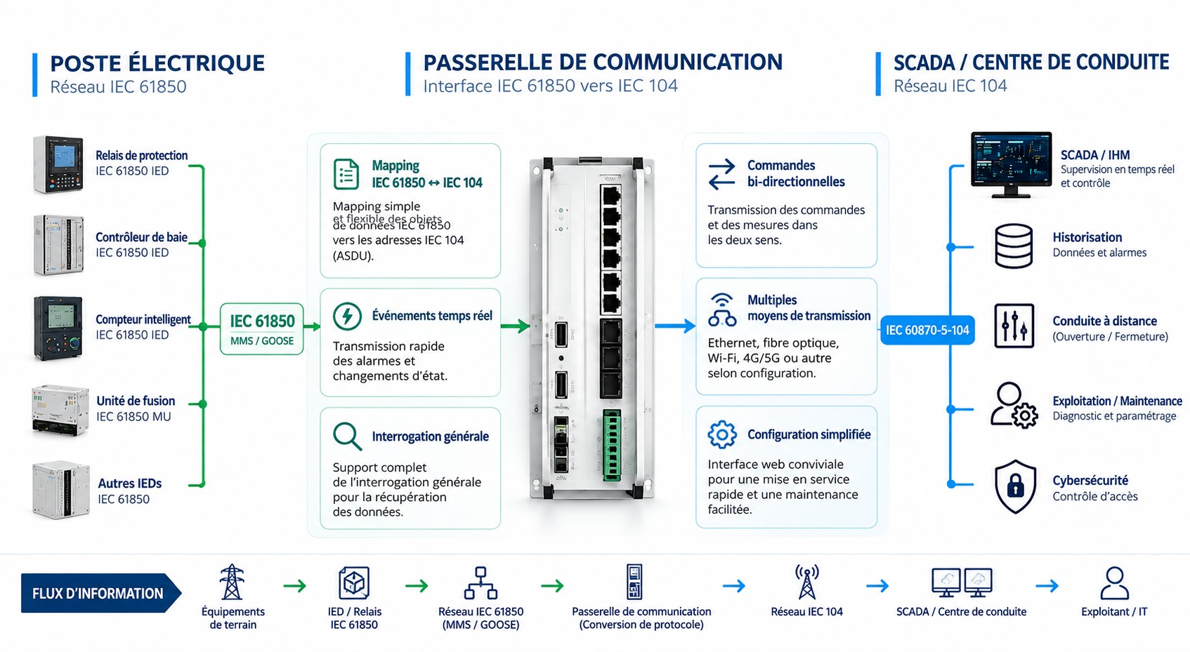 بوابة الاتصال: تجهيزات المحطة وفق IEC 61850 (MMS وGOOSE)، تحويل البروتوكول والإرسال وفق IEC 60870-5-104 نحو SCADA ومركز القيادة