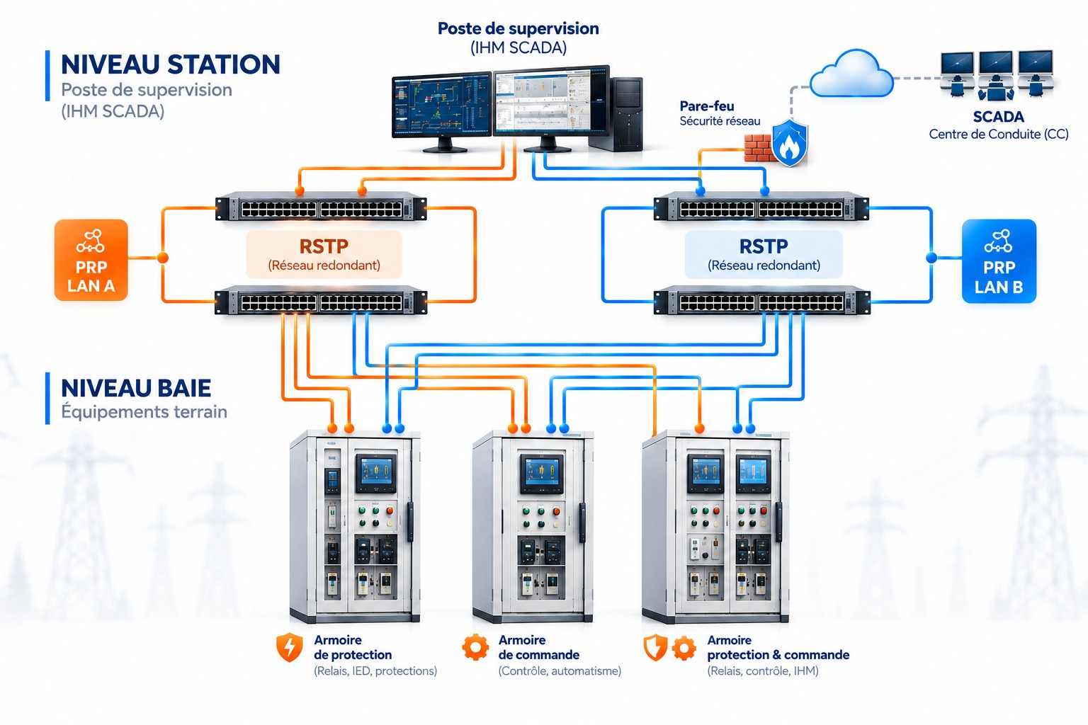 بنية شبكة المحطة: مستوى المحطة مع الإشراف وجدار الحماية والربط بـ SCADA، شبكتان مكرَّرتان PRP ‏LAN A وLAN B في حلقات RSTP، ومستوى الخلايا مع خزائن الحماية والتحكم